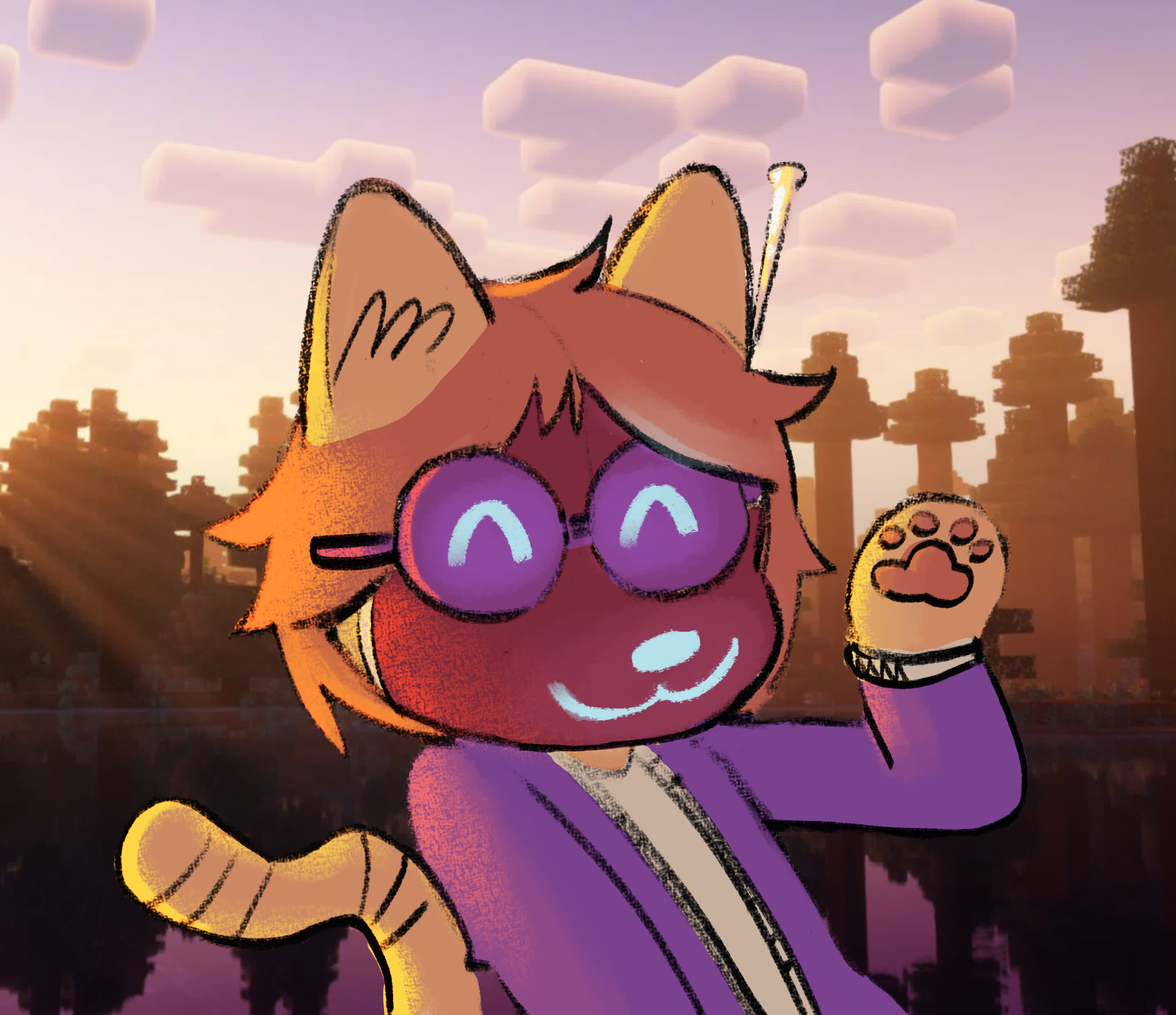 fleuriCat, a catogen, now very tiny and fluffy :3 
it's a anthro orange tabby cat, with a protogen visor that has the shape of a
cat's snout :3, it it has an antenna coming of of it's head :P, it's wearing 
some big rounded glasses, it's screen is displaying two beady eyes and a :3 smile, 
it's wearing a white tank top, with a purple puffy jacket, some of those wide 
angle pants, idh what they are called lmao, very cool black socks with a purple 
pink pattern at their top, and it's beans are sticking out lmeow x3 also kitty bean hands :3
it so cool,,,